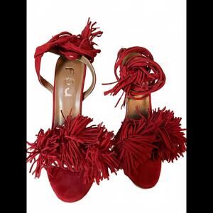 👠😎❤️FSJ Red Faux Suede Ankle Wrap Heels Size 5.5 NWOB